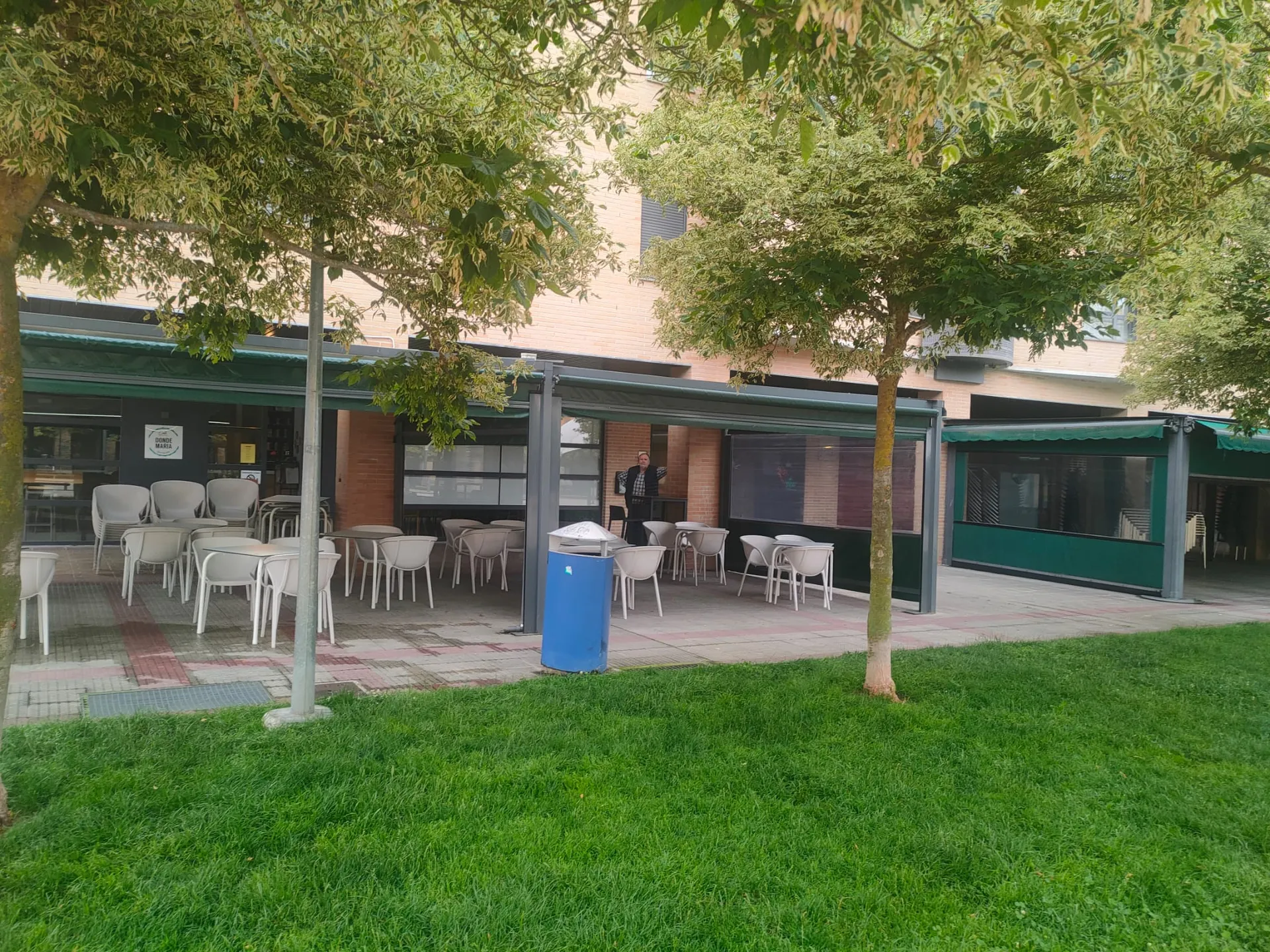 Terraza exterior de Donde María entre los árboles de la plaza